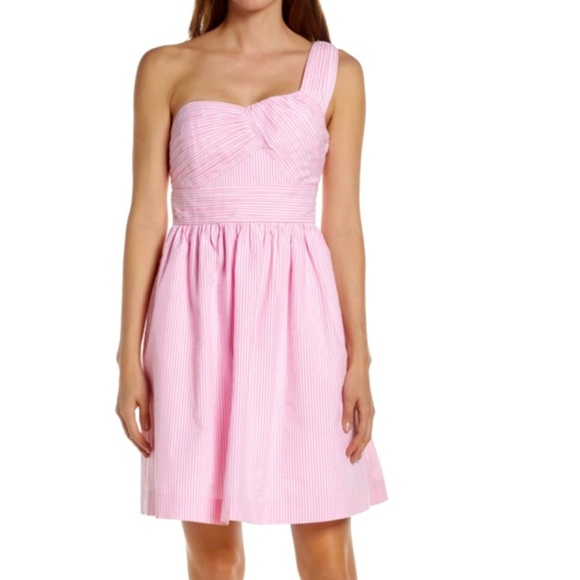 🎀HP🎀 Lilly Pulitzer ADDISON SEERSUCKER one shoulder pink white DRESS 8 NWT - Picture 4 of 16